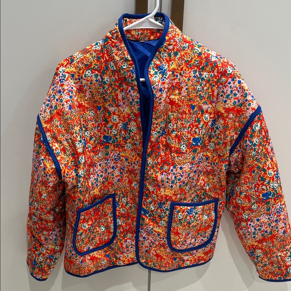 Amazon Floral Puffer Jacket with Blue Trim